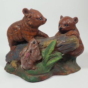 Vintage Chalkware Bear & Bunny Woodland Figurine